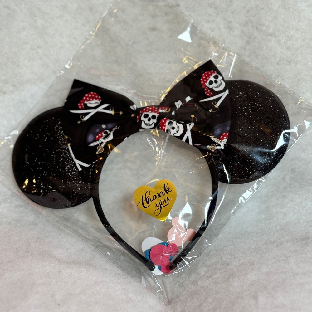 Handmade Pirate Sparkle Black and Red Mouse‎ Ears with Bow Headband Adult Size